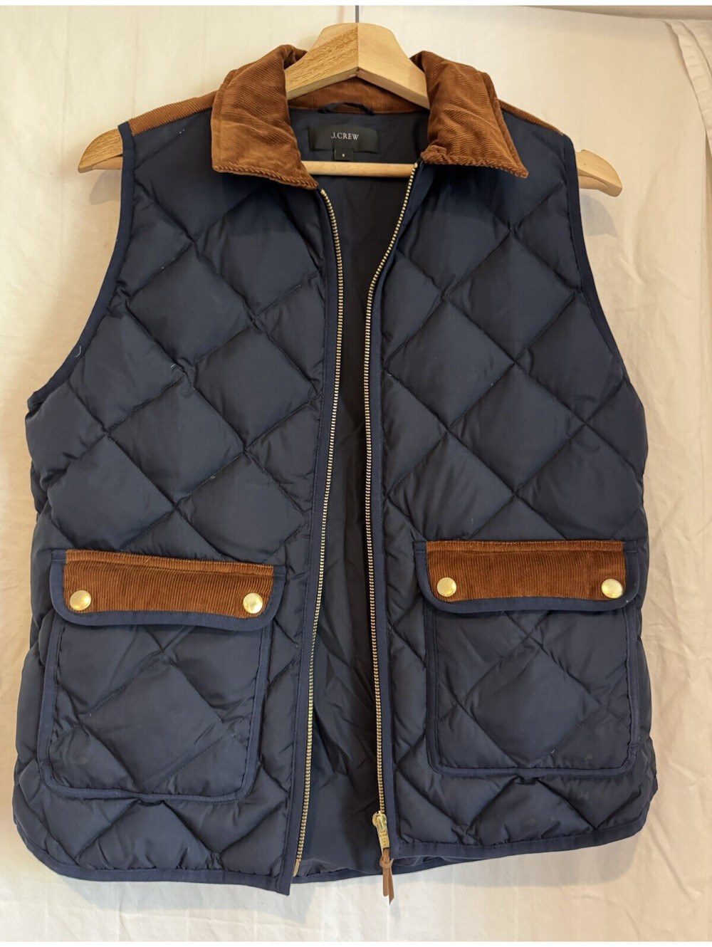 J.CREW Excursion Quilted Down Zip Vest Pockets Lined Blue/Brown Trim Size S